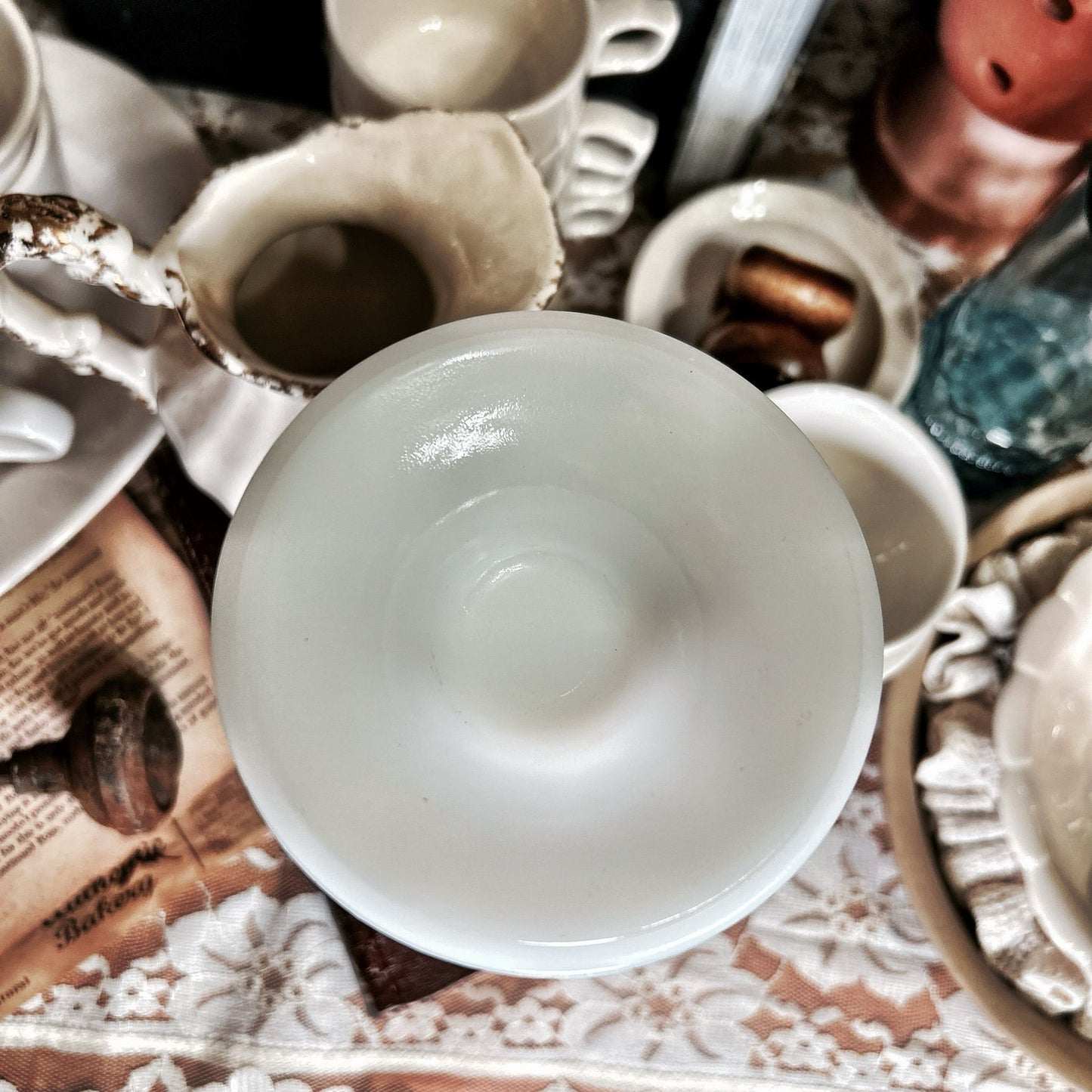 Anchor Hocking Hobnail Milk Glass with Ruffle Trumpet Vase