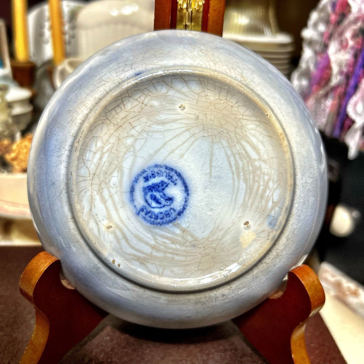 Antique Flow Blue Saucer (Amazing Staining & Crazing)