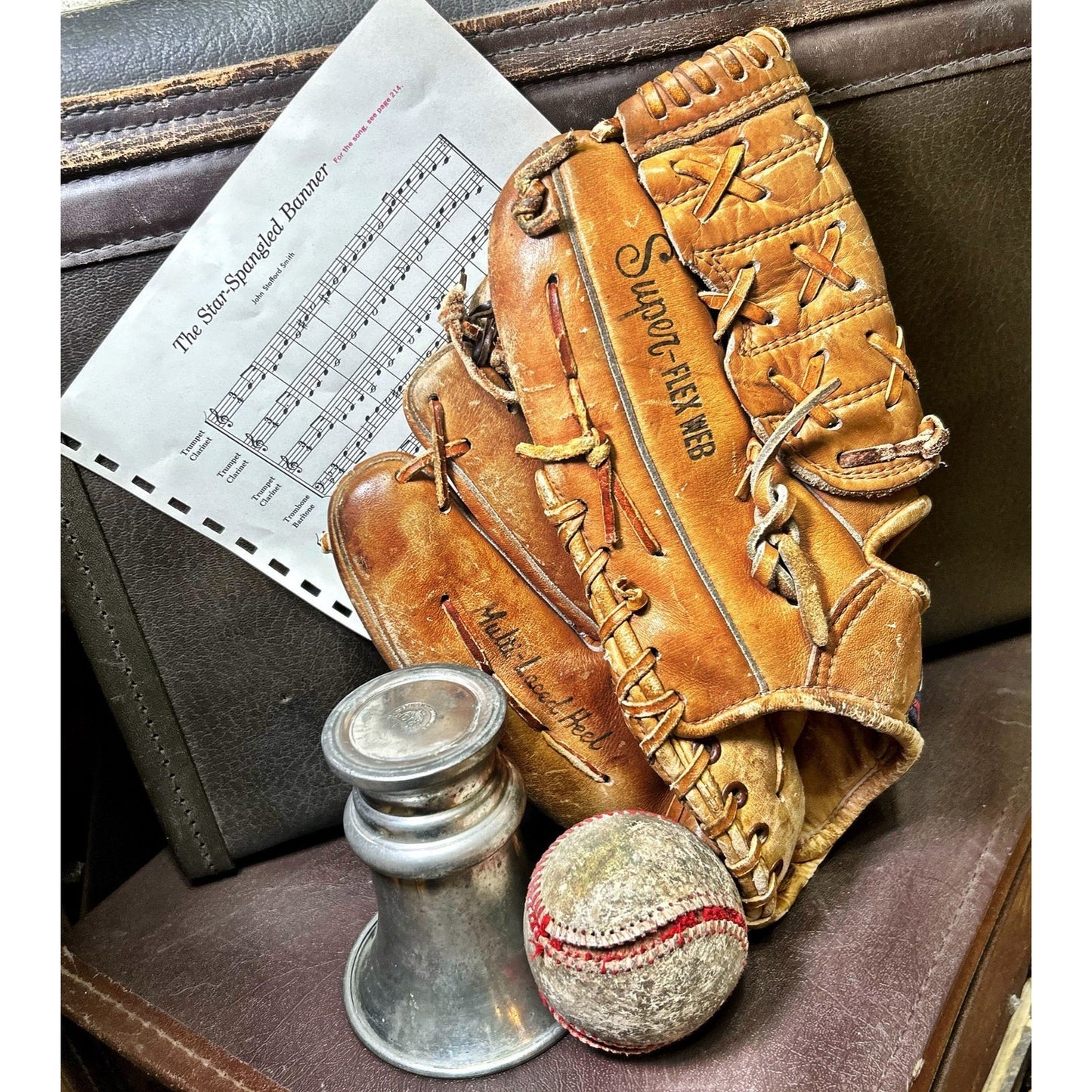 Vintage Vignette Holland Pewter Vase, Vintage Crusty Baseball, Music sheet with the Star -Spangled Banner & Vintage Spalding Baseball Glove