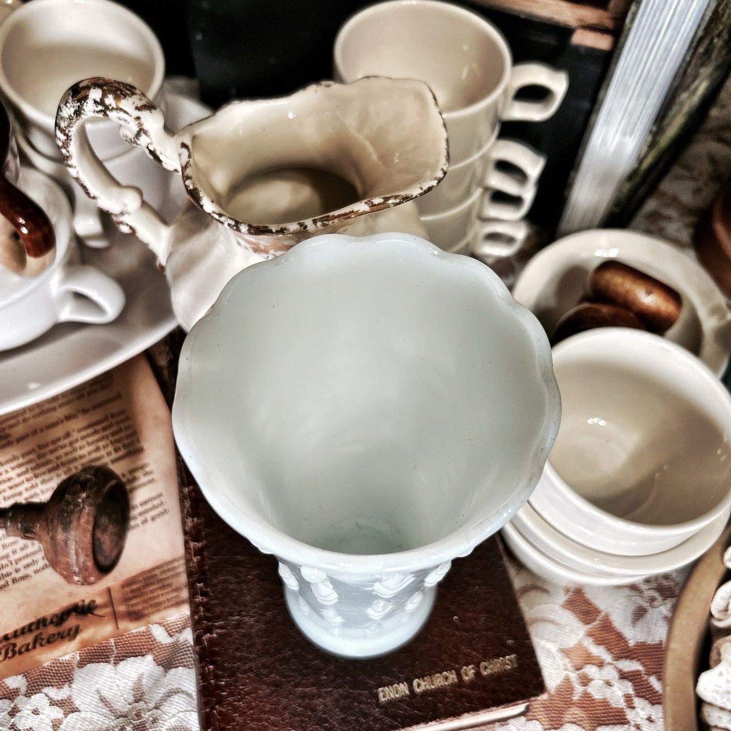 Anchor Hocking Teardrop & Pearl Milk Glass Vase