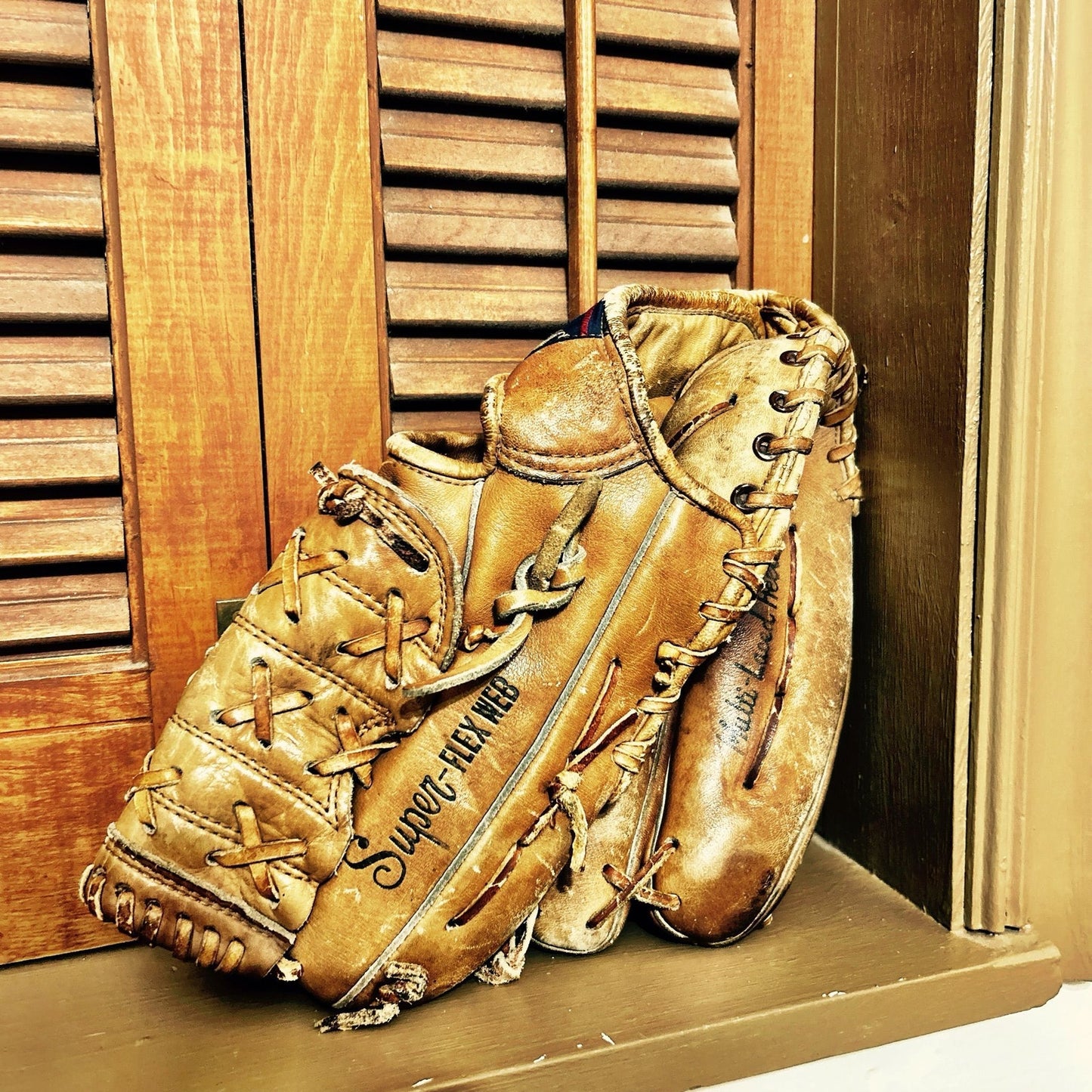 Vintage Vignette Holland Pewter Vase, Vintage Crusty Baseball,  Music sheet with the Star -Spangled Banner & Vintage Spalding Baseball Glove