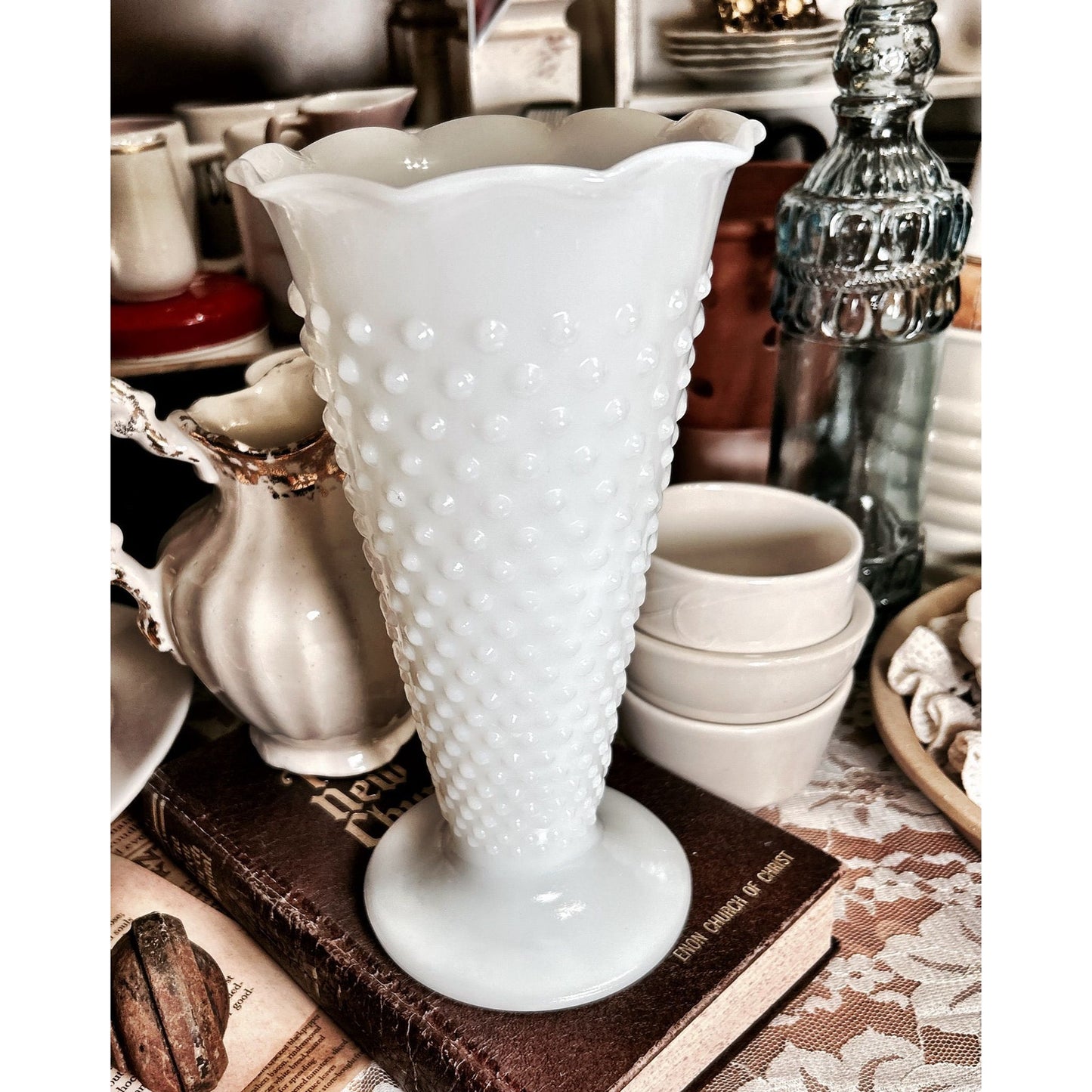 Anchor Hocking Hobnail Milk Glass with Ruffle Trumpet Vase