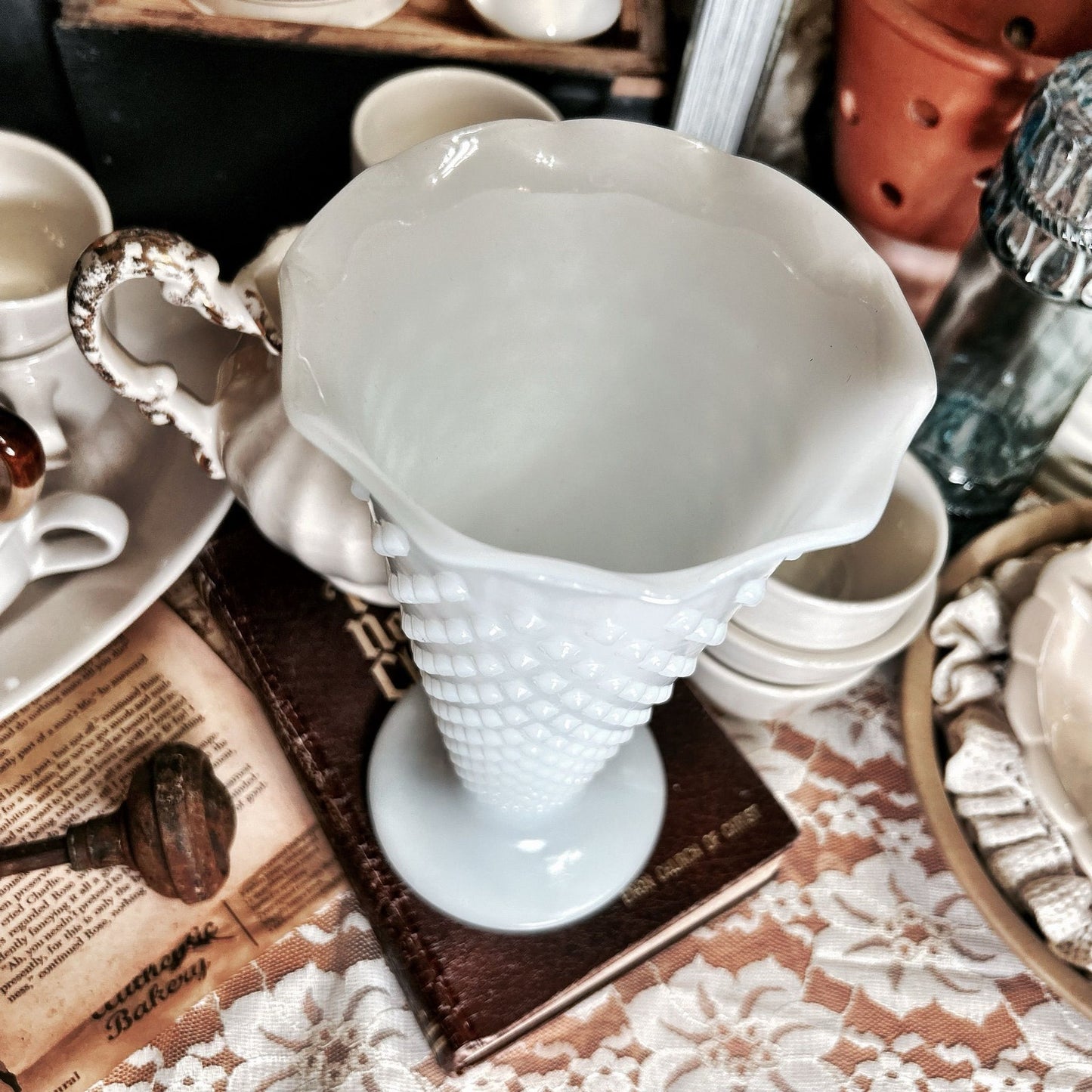 Anchor Hocking Hobnail Milk Glass with Ruffle Trumpet Vase