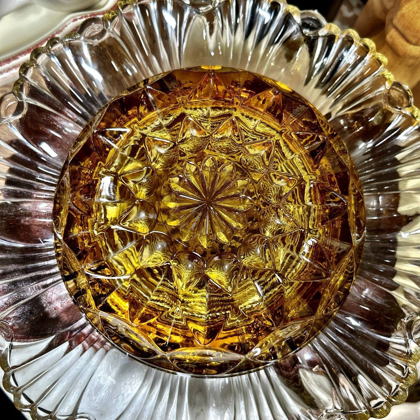 Amber Glass Ashtray Starburst Pattern