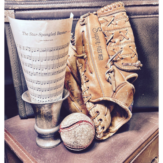 Vintage Vignette Holland Pewter Vase, Vintage Crusty Baseball,  Music sheet with the Star -Spangled Banner & Vintage Spalding Baseball Glove