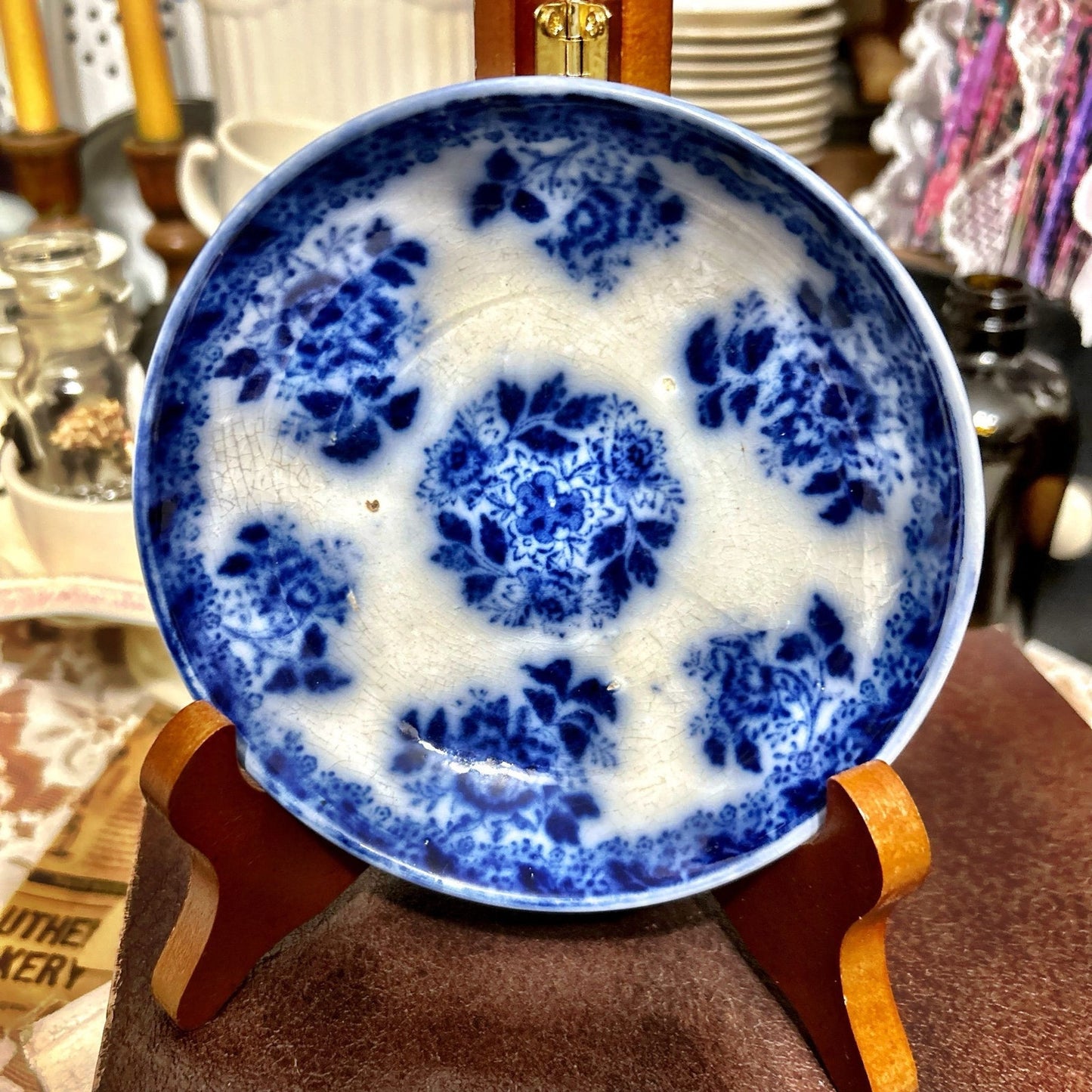 Antique Flow Blue Saucer (Amazing Staining & Crazing)